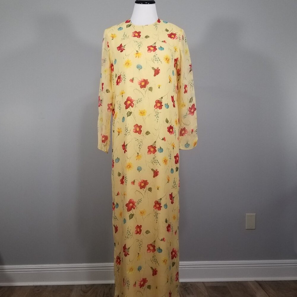 Vintage Lihli New York Dress Saks 5th Avenue Maxi Shift Floral Silk Long Sleeves